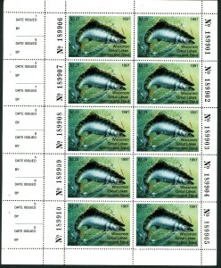 WISCONSIN 1991 STATE SALMON &TROUT STAMP FULL NH PANE OF 10 by Terry Doughty