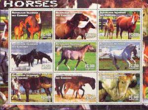 Comoro Islands 2000 Horses perf sheetlet containing compl...