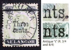 Malaya 1900 Selangor Tiger Three cents on 50c Antique t Fine Used SG#67a M3970