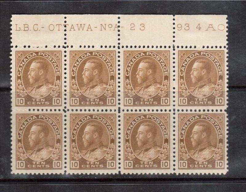 Canada #118 XF/NH Plate #23 Upper Block Of Eight