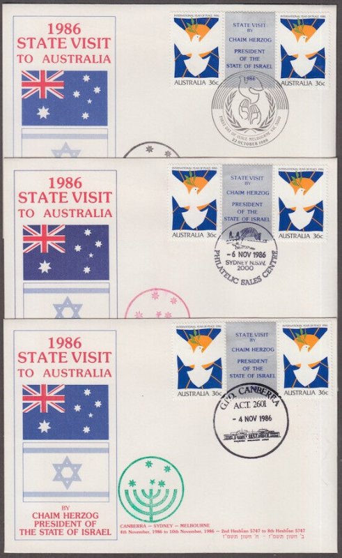 AUSTRALIA Sc# 1004 SET of 3 FDC w/DIFF CANCELS for STATE VISIT of ISRAE's PRES