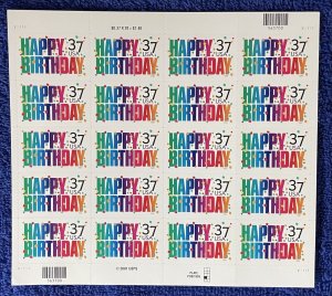 Scott #3695, 37c Happy Birthday Greetings, Mint sheet of 20, Self-adhesive
