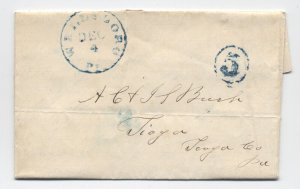 1850 Wellsboro PA blue CDS 5 in circle rate stampless letter [H.2853]