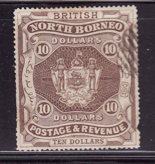 North Borneo-Sc #49-used-$10 brn-1889-pulled perf lower righ