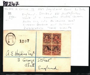 TURKS & CAICOS KGV Cover 2½d Block{4} Registered GB Bath via Jamaica 1927 PB247