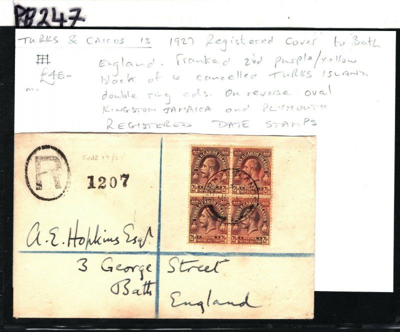 TURKS & CAICOS KGV Cover 2½d Block{4} Registered GB Bath via Jamaica 1927 PB247