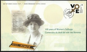 WOMEN'S SUFFRAGE = FDC / OFDC with booklet stamp = Canada 2016 #2901