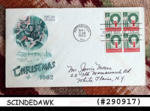 USA 1962 - CHRISTMAS - SEASONS GREETINGS BLK OF 4 - FDC