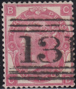 Great Britain 1867-80 used Sc 49a 3p Victoria Plate 6 Position CB 