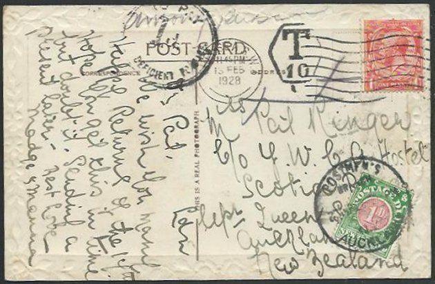 NEW ZEALAND 1928 postcard ex UK taxed, NZ 1d postage due added.............60283