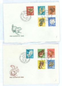 Switzerland B350-4/360-4 1965 Pro Juventute (2 sets of 4 wild animals) on two unaddressed cacheted FDCs