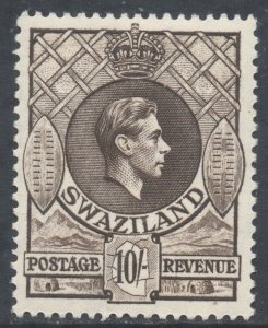 Swaziland Scott 37 - SG38, 1938 George VI 10/- Perf 13.1/2 x 13 MH*