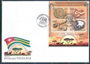 TOGO 2013 WILD ANIMALS OF WEST AFRICA ROYAL PYTHON SNAKE SHEET FDC