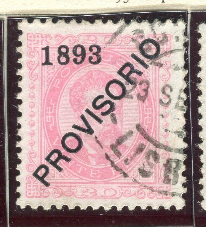 PORTUGAL; 1893 classic Luis 1893 PROVISORIO Optd. issue fine used 20r. value