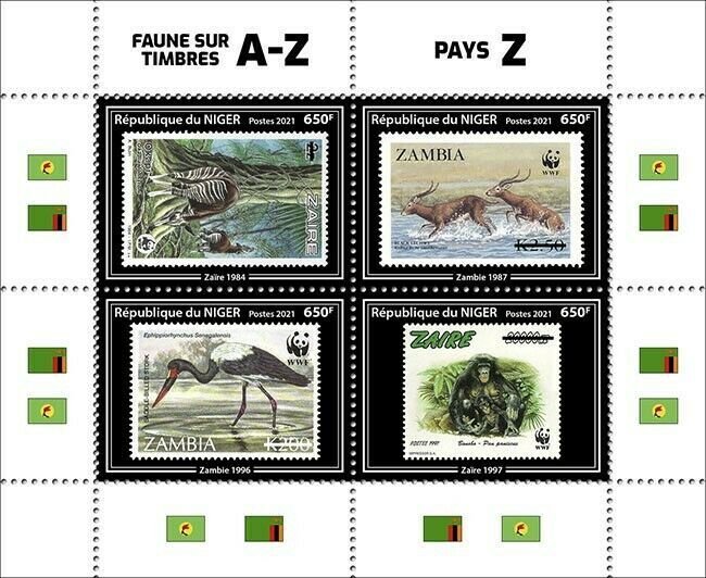 Niger 2021 MNH Stamps-on-Stamps Stamps Countries Z Wild Animals Birds WWF 4v M/S