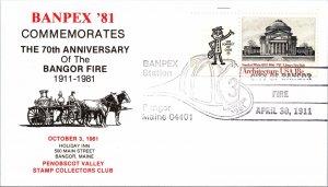 CITY OF BANGOR MAINE FIRE OF 1911 PICTORIAL POSTMARK COVER BANPEX  (1981) TYPE 3