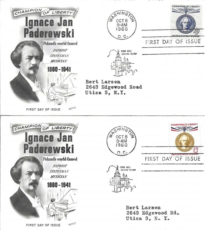 1960 FDC, #1159-1160, 4c/8c Ignacy Jan Paderewski, Fleetwood (2)