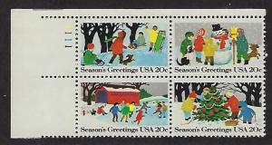 Catalog #2027 30 Plate Block of 4 Stamps Christmas Xmas Seasons Greetings