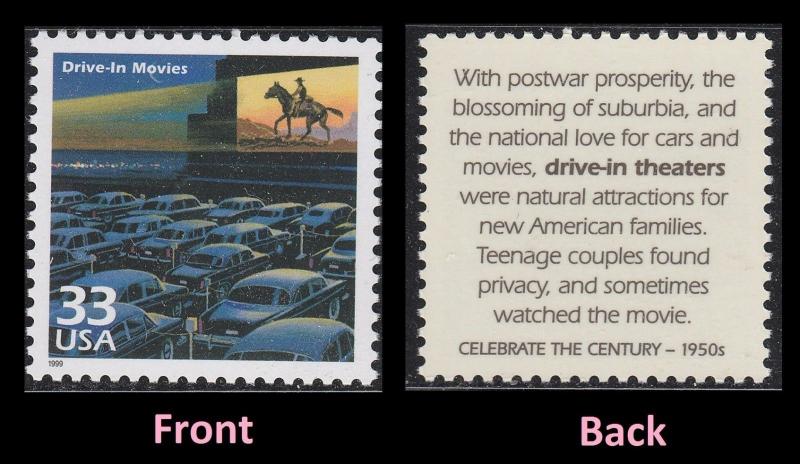 US 3187i Celebrate the Century 1950s Drive-in Movies 33c single MNH 1999