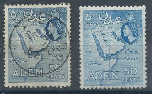 Aden 1953 - QE2 50c both shades wmk Mult Script CA - SG58-59