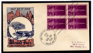 US 852 1939 3c Golden Gate International Exposition bl of 4 on an addressed FDC with an August/Coulthard cachet
