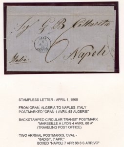 ALGERIA APRIL 1, 1868 STAMPLESS COVER ORAN TO NAPLES ITALY