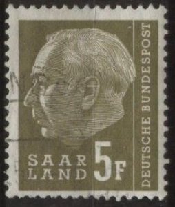 Saar 291 (used) 5fr Theodor Heuss, lt olive (1957)