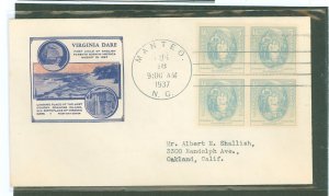 US 796 1937 5c Virginia Dare/350th anniversary of birth (block of four) on an addressed first day cover with an Ioor cachet.