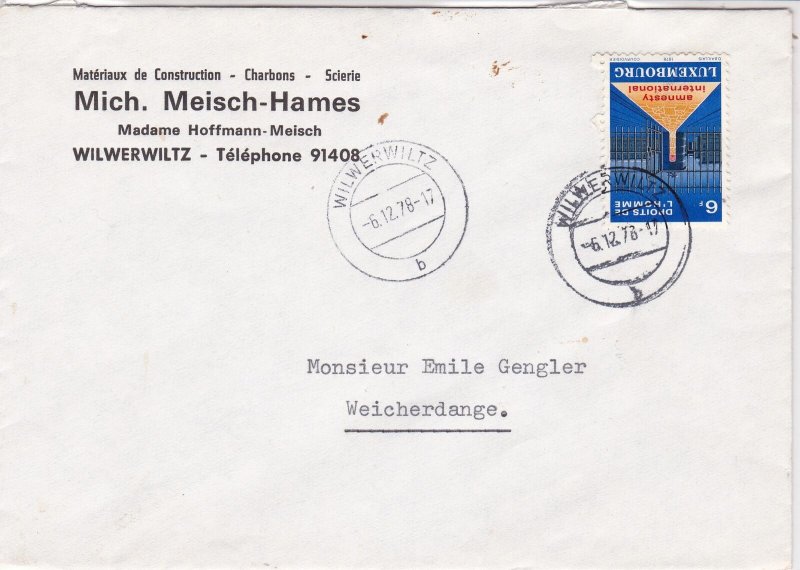 Luxembourg 1978 Wilwerwiltz Cancels Slogan Amnesty Int. Stamps Cover Ref 25627