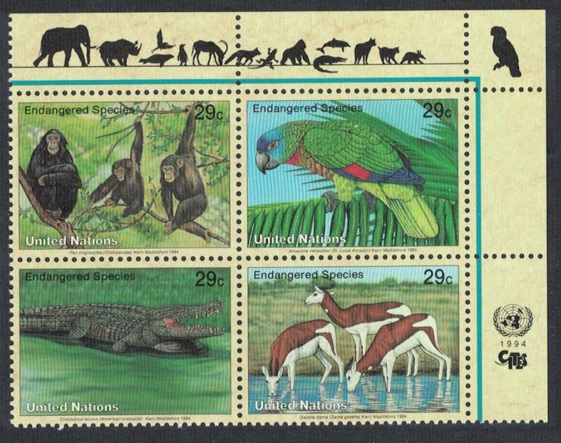 UN New York Birds Chimpanzee Amazon Crocodile Gazelles Top Right block of 4