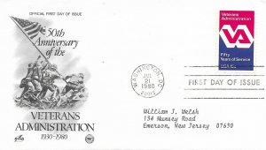 1980 FDC, #1825, 15c Veterans Administration, 4 diff. cachets