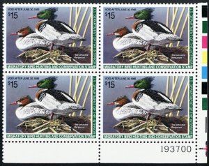 RW61, Mint VF NH $15 Duck Stamp Plate Block of Four Stamps - Face Value $60.00