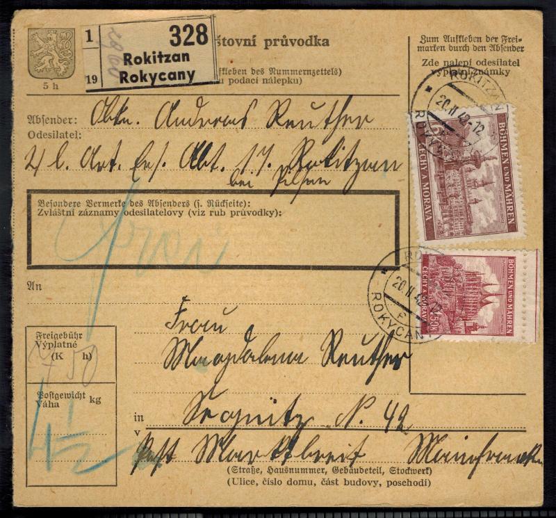 1942 Rokitzan BM Germany Parcel Cover to Frajnitz