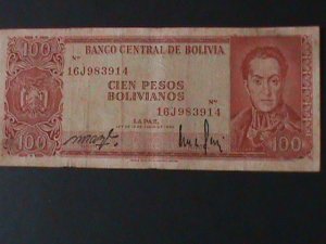 ​BOLIVIA-1962-CENTRAL BANK $100 BOLIVIANOS.CIRULATED NOTE-VF-62 YEARS OLD