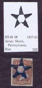 US 65 USED 3c BLUE 5 PT STAR CENTER CIRCLE FANCY CCLL OF JERSEY SHORE PA, 1861