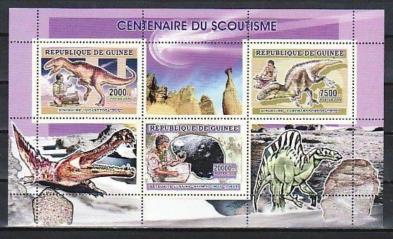 Guinea, Mi cat. 4353-4355. Scout Centenary sheet of 3. Dinosaurs in design. ^
