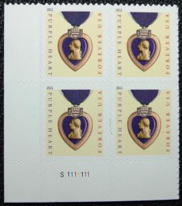 US #4529 MNH Plate Block of 4, Purple Heart, SCV $3.60