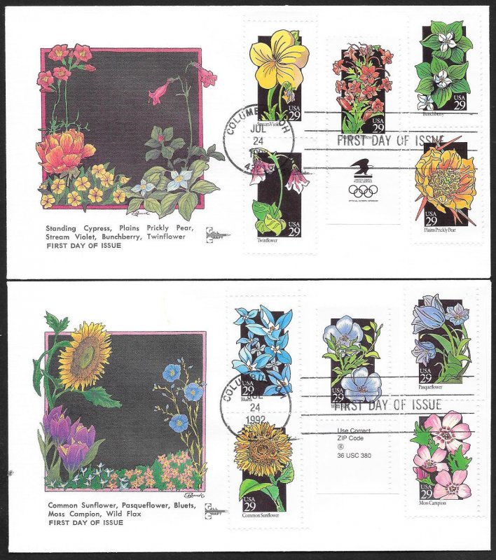 UNITED STATES FDCs (10) 29¢ Flowers Complete set 1992 Gill Craft