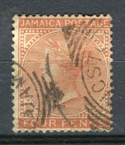 JAMAICA; 1880s early classic QV Crown CA issue used 4d. value
