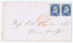 US 63 1c Pair on cover ?DUE 1? cancels & red Boston Mass postmark PF cert