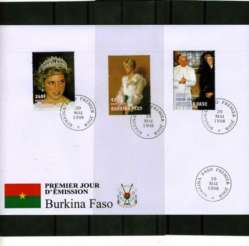 Burkina Faso 1998 Pope John Paul II-Princess Diana Set (3) Perforated in FDC