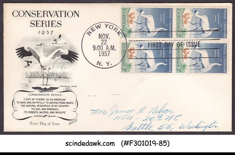 UNITED STATES USA 1957 WILDLIFE CONSERVATION / BIRDS / CRANE BLK-4  FDC