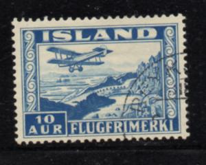 Iceland Sc C15 1934 10 aur plane over Thingvalla airmail stamp used