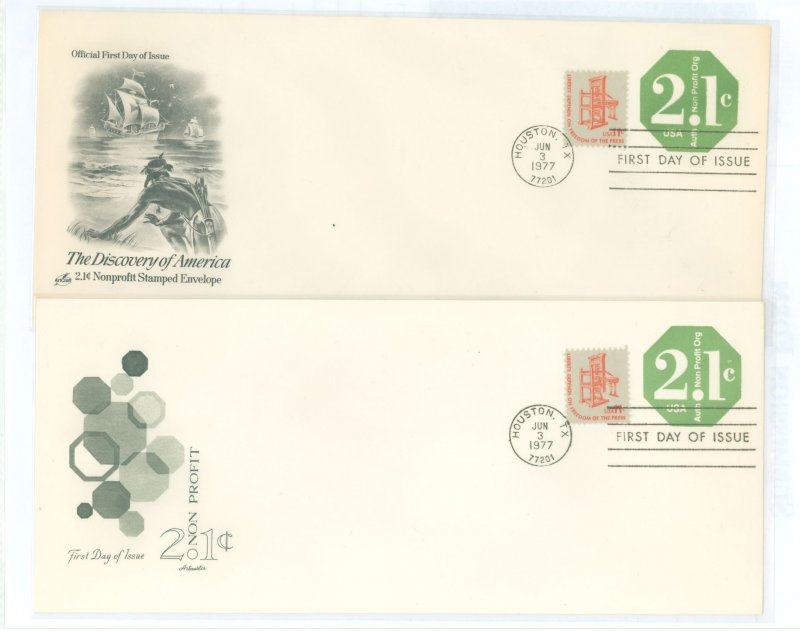 US U578 1977 2.1c Non-Profit Pre-Stamps Envelopes, Two Legal Sized Unaddressed FDCS with Different Cachets, Artmaster, Artcraft