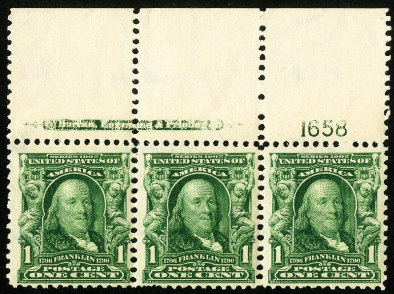 US Stamps # 301 MNH XF Strips Of 3 With Imprint And Plate # 