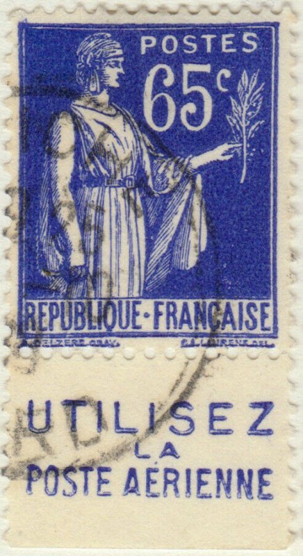 FRANCE - 1937 Pub UTILISEZ LA POSTE AERIENNE inférieure /Yv.365b 65c Paix (A3)