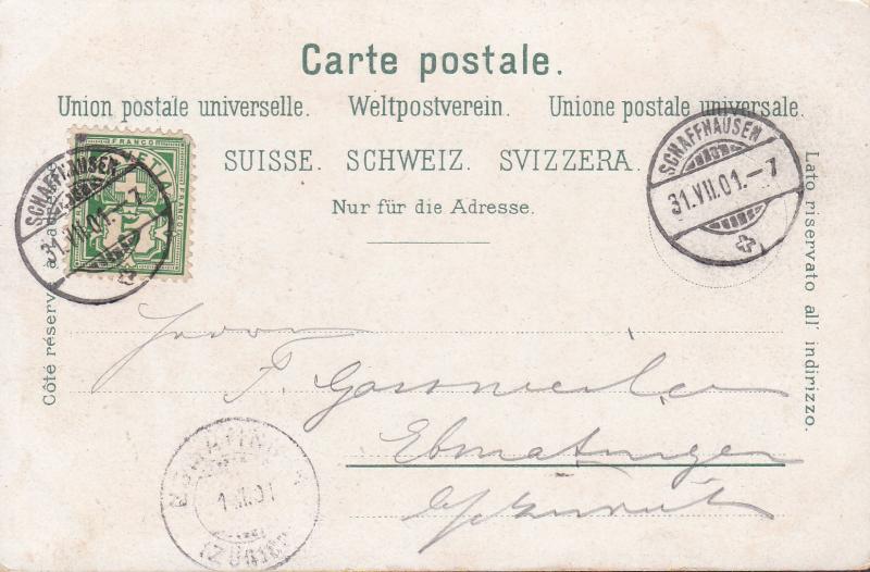 Switzerland 1901 5c Coat of Arms Post Card. Color View of The Rhein Falls. Local