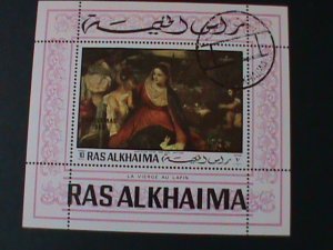 ​RAS ALKHAIMA- CHRISTMAS PAINTING-VIRGIN & THE CHILD CTO S/S-VF FANCY CANCEL