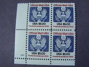 U.S.# O133-MINT/NH-LL PLATE # BLOCK OF 4--$5.00 OFFICIAL--P#1--1983-85