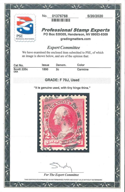 SCOTT 220c used Extra Fine, tiny thin PSE Cert. (TJ 7/29) 